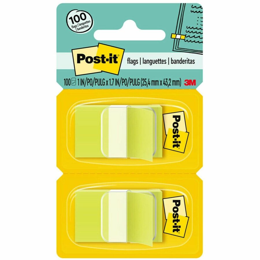 Post-it&reg, Flags - 100 x Bright Green - 1" Flag/Note Width x 1 3/4" Flag/Note Length - Rectangle - Unruled - Green - Removable, Self-adhesive - Dispenser Included - 100 / Pack