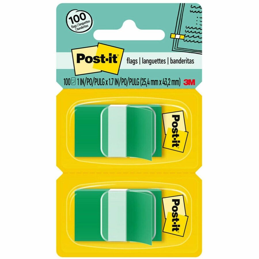 Post-it&reg, Flags - 100 x Green - 1" Flag/Note Width x 1 3/4" Flag/Note Length - Rectangle - Unruled - Green - Removable - Dispenser Included - 100 / Pack