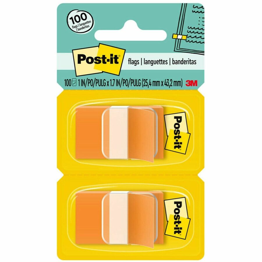 Post-it&reg, Flags - 100 x Orange - 1" Flag/Note Width x 1 3/4" Flag/Note Length - Rectangle - Unruled - Orange - Removable, Tab - Dispenser Included - 100 / Pack