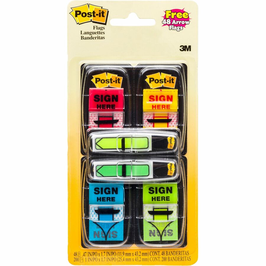 Post-it&reg, Message Flag Value Pack - 248 - 1" Flag/Note Width x 1 3/4" Flag/Note Length - Arrow, Rectangle - Unruled - SIGN HERE - Red, Blue, Yellow, Green, Red - Removable, Self-adhesive - Dispenser Included - 248 / Pack