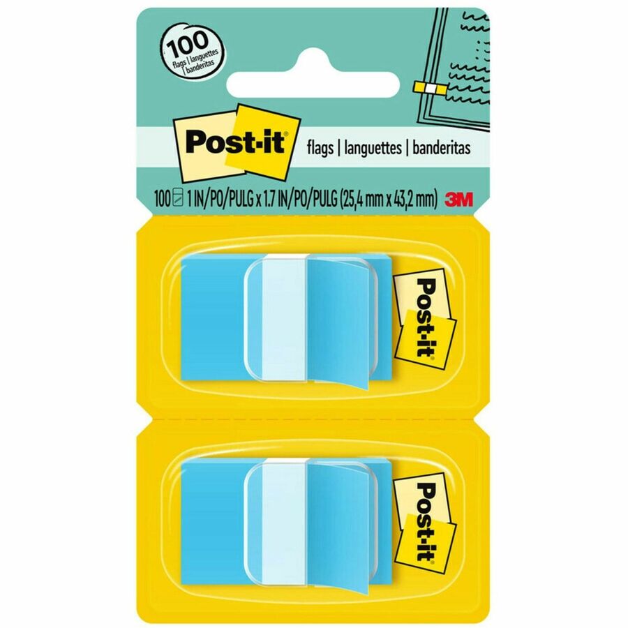 Post-it&reg, Flags - 100 x Blue - 1" Flag/Note Width x 1 3/4" Flag/Note Length - Rectangle - Unruled - Blue - Removable, Tab - Dispenser Included - 100 / Pack