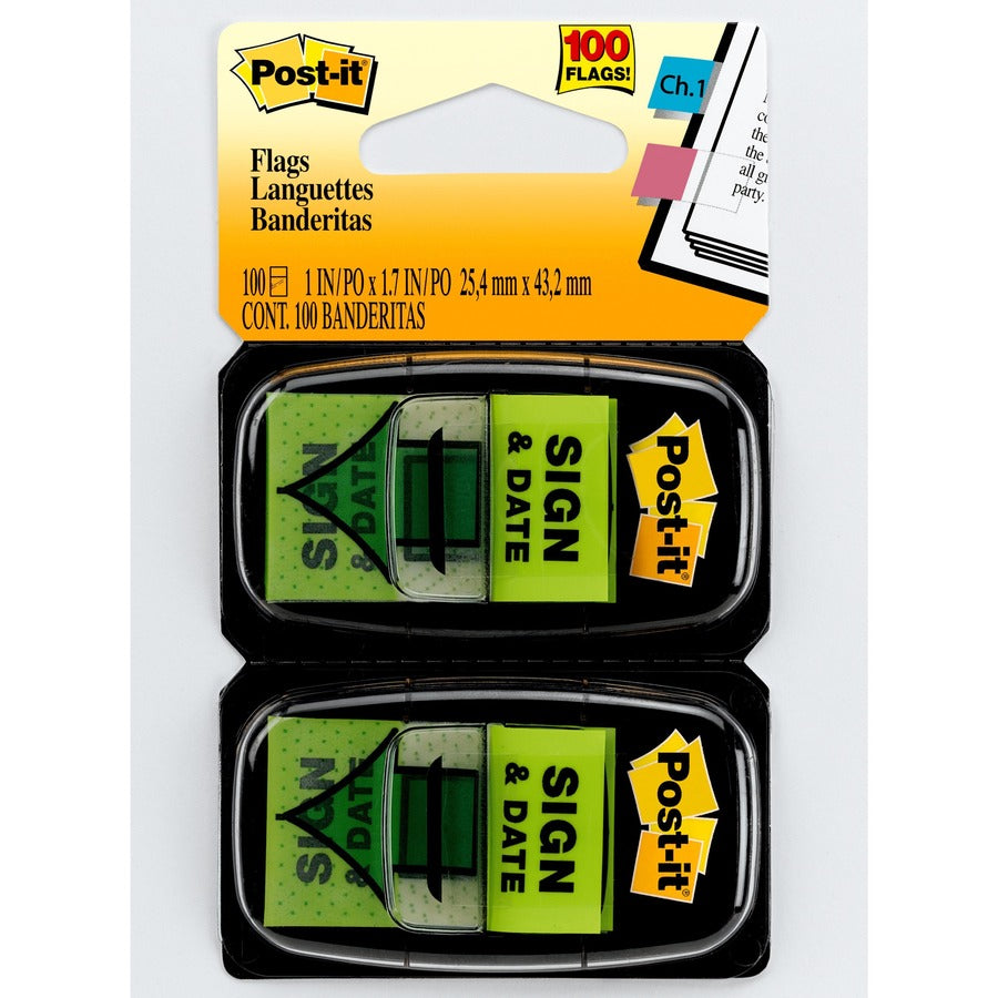 Post-it&reg, Message Flags - 100 x Green - 1" Flag/Note Width x 1 3/4" Flag/Note Length - Arrow, Rectangle - Unruled - Sign & Date - Green - Removable, Self-adhesive - Dispenser Included - 100 / Pack