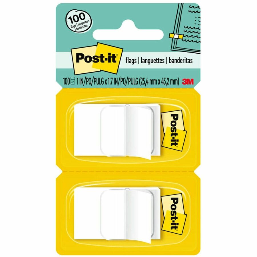 Post-it&reg, Flags - 100 - 1" Flag/Note Width x 1 3/4" Flag/Note Length - Rectangle - Unruled - White - Removable, Self-adhesive - Dispenser Included - 100 / Pack