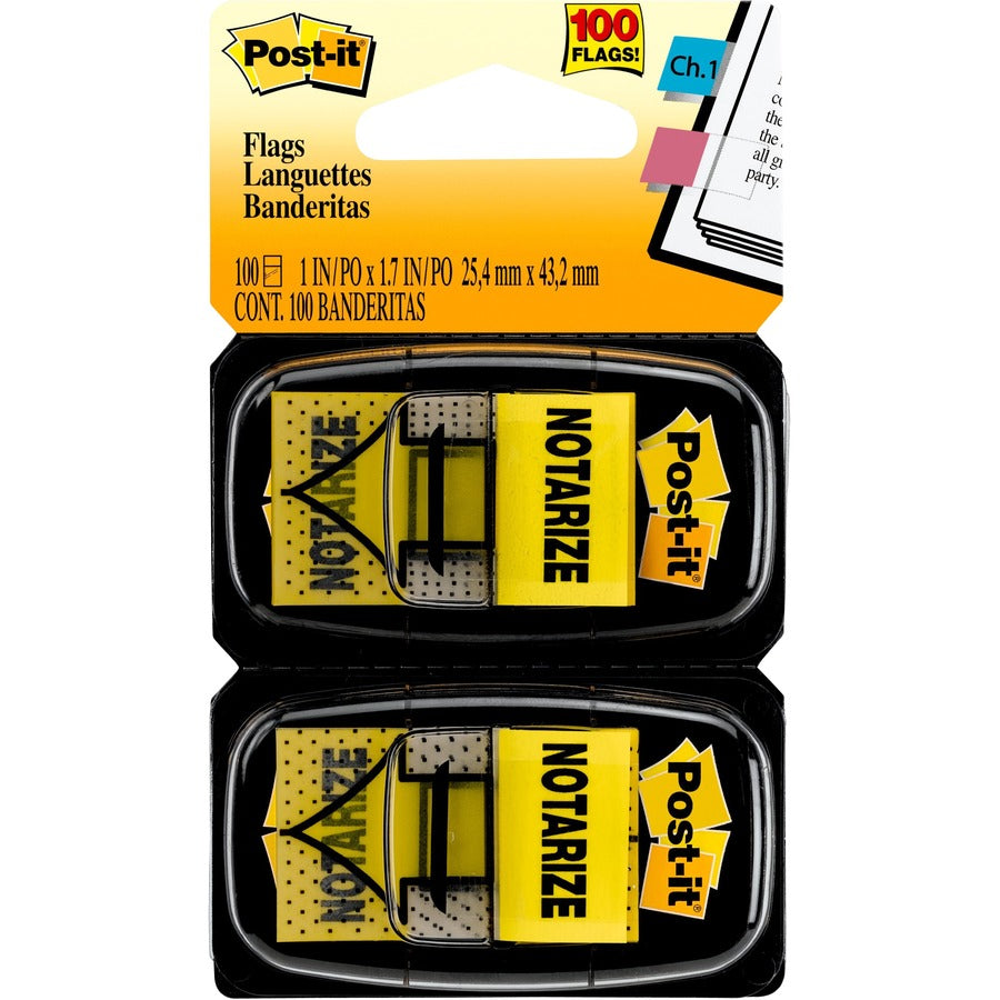Post-it&reg, Message Flags - 100 - 1" Flag/Note Width x 1 3/4" Flag/Note Length - Arrow, Rectangle - Unruled - Notarize - Yellow - Removable, Self-adhesive - Dispenser Included - 100 / Pack