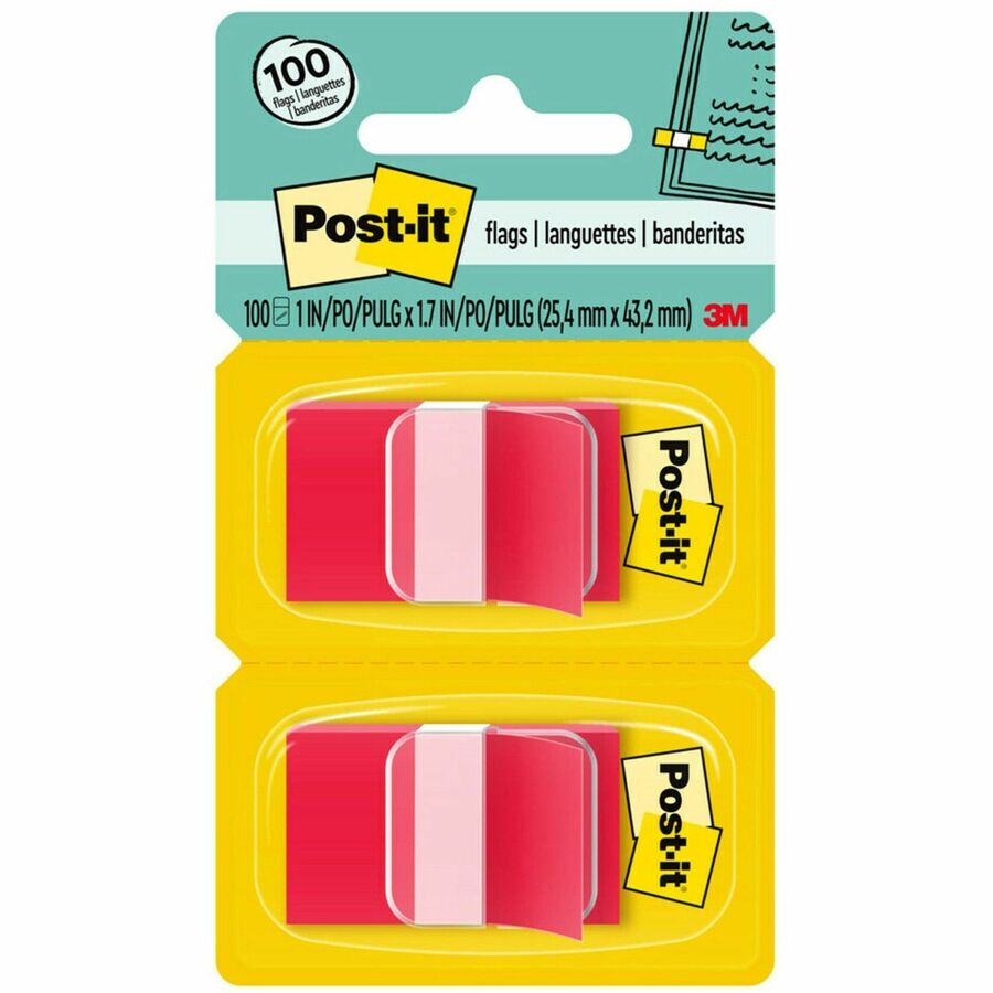 Post-it&reg, Flags - 100 - 1" Flag/Note Width x 1 3/4" Flag/Note Length - Rectangle - Unruled - Red - Removable, Self-adhesive - Dispenser Included - 100 / Pack