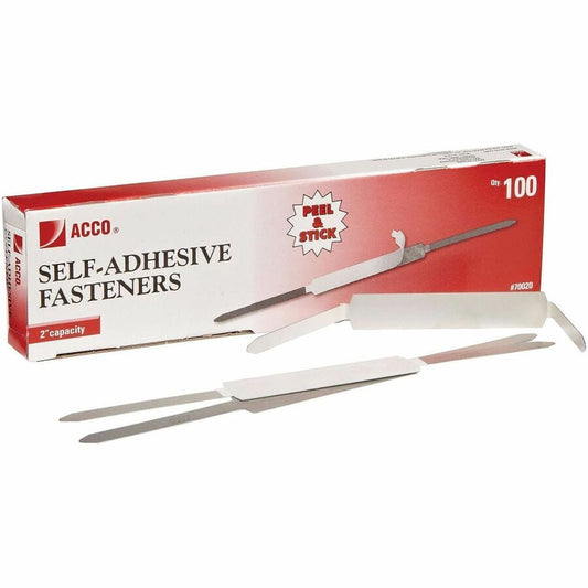 ACCO Self-Adhesive Fasteners - 2.70" Size Capacity - Self-adhesive, Coined Edge - Steel - 100 / Box