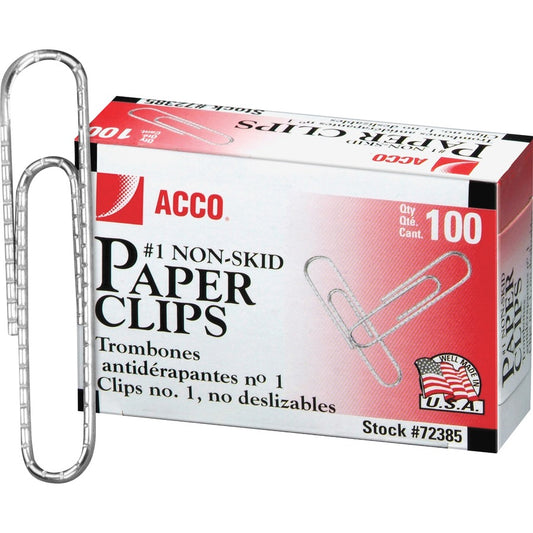 ACCO Premium Paper Clips - No. 1 - 1.3" Length - 10 Sheet Capacity - Non-skid, Strain Resistant, Corrosion Resistant, Galvanized, Non-slip Grip - Silver - Metal, Zinc Plated - 100/Box - 10 / Pack