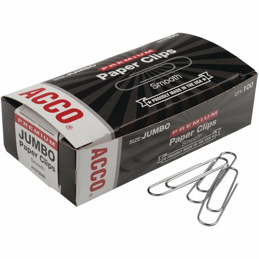 ACCO Premium Jumbo Smooth Paper Clips - Jumbo - 2.3" Width - 1.88" Size Capacity - 20 Sheet Capacity - Corrosion Resistant, Galvanized, Long Lasting - Silver - Metal - 100/Box - 10 / Pack