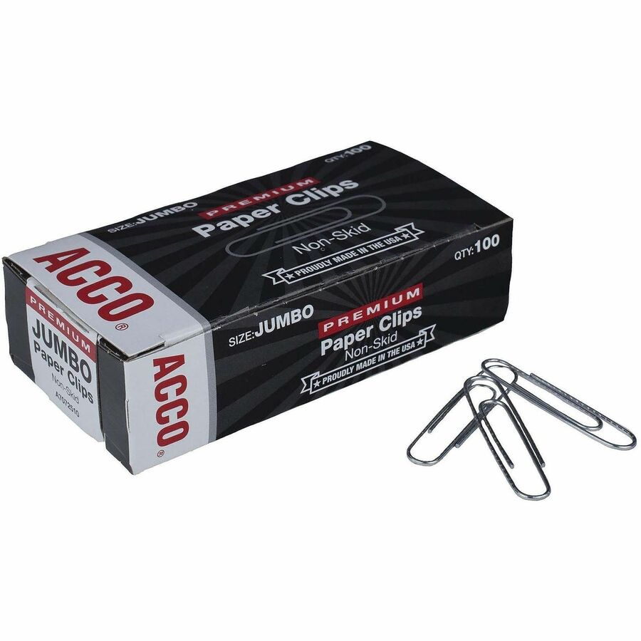 ACCO Premium Jumbo Non-Skid Paper Clips - Jumbo - 20 Sheet Capacity - Non-skid, Galvanized, Corrosion Resistant, Long Lasting - Silver - Metal, Zinc Plated - 100/Box - 10 / Pack