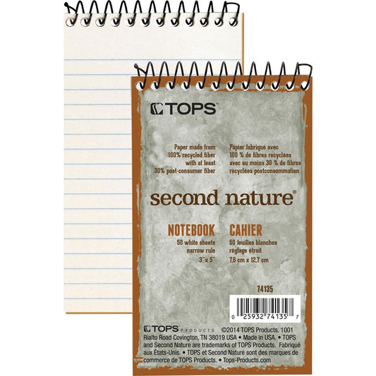 TOPS Second Nature Narrow Ruled Notebooks - 50 Sheets - Spiral - 3" x 5" Sheet Size - White Paper - 1 Each