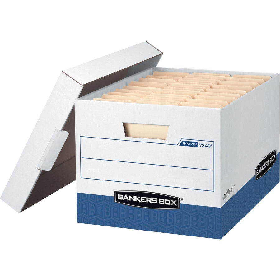 Bankers Box R-Kive File Storage Box - Internal Dimensions: 12" Width x 15" Depth x 10" Height - External Dimensions: 12.8" Width x 16.5" Depth x 10.4" Height - Media Size Supported: Letter, Legal - Lift-off Closure - Heavy Duty - Stackable - White, Blu...