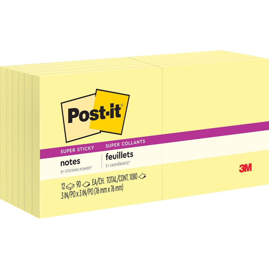 Post-it&reg, Super Sticky Dispenser Notes - 1080 - 3" Flag/Note Width x 3" Flag/Note Length - Square - 90 Sheets per Pad - Unruled - Canary Yellow - Paper - Self-adhesive, Repositionable - 1 Pack