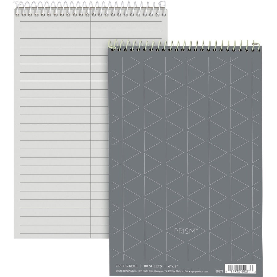 TOPS Prism Steno Books - 80 Sheets - Coilock - Gregg Ruled Margin - 6" x 9" Sheet Size - Gray Paper - Stiff-back, Perforated - 4 / Pack