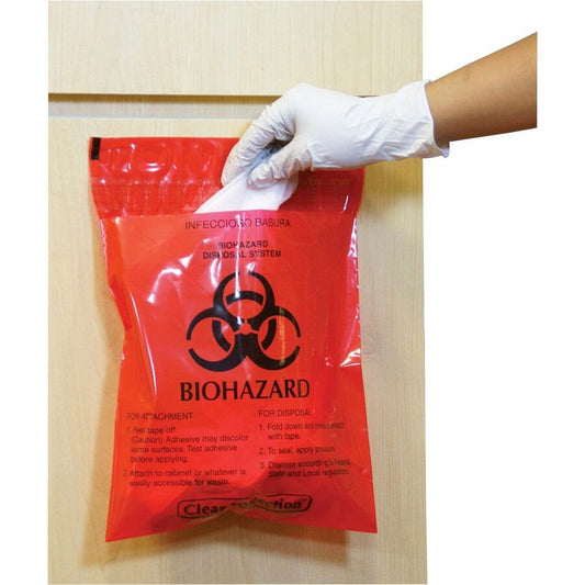 CareTek Stick-On Biohazard Infectious Waste Bags - 1.40 quart Capacity - 14" Length x 12" Width x 2 mil (51 Micron) Thickness - Red - 100 / Box