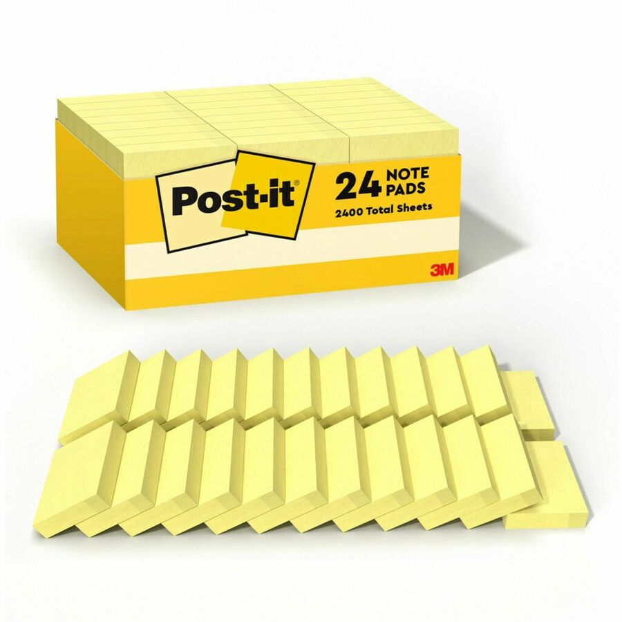 Post-it&reg, Notes Value Pack - 2160 - 1 1/2" Flag/Note Width x 2" Flag/Note Length - Rectangle - 90 Sheets per Pad - Unruled - Yellow - Paper - 24 / Pack