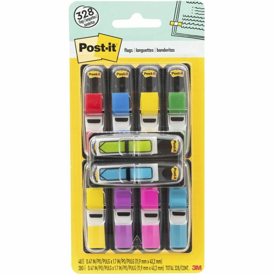 Post-it&reg, Flag Value Pack - 328 - 1/2" Flag/Note Width - Rectangle, Arrow - Unruled - Red, Blue, Yellow, Green, Purple, Pink, Blue, Red, Yellow - Removable, Self-adhesive - Dispenser Included - 280 / Pack