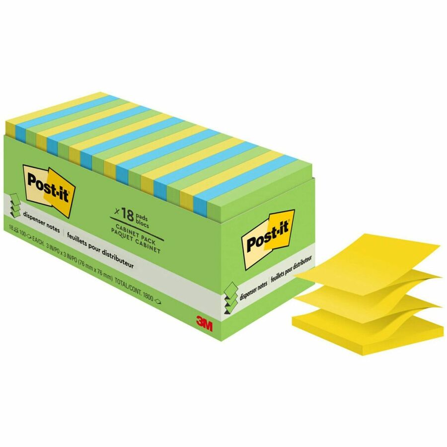 Post-it&reg, Dispenser Notes - Floral Fantasy Color Collection - 1800 - 3" Flag/Note Width x 3" Flag/Note Length - Square - 100 Sheets per Pad - Unruled - Limeade, Blue Paradise, Citron - Paper - Self-adhesive - 18 / Pack