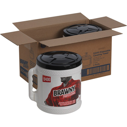 Brawny, Professional D400 Disposable Cleaning Towels With Bucket - 9.90" Width x 13" Length - 200 Sheets/Roll - Orange - 2 / Carton