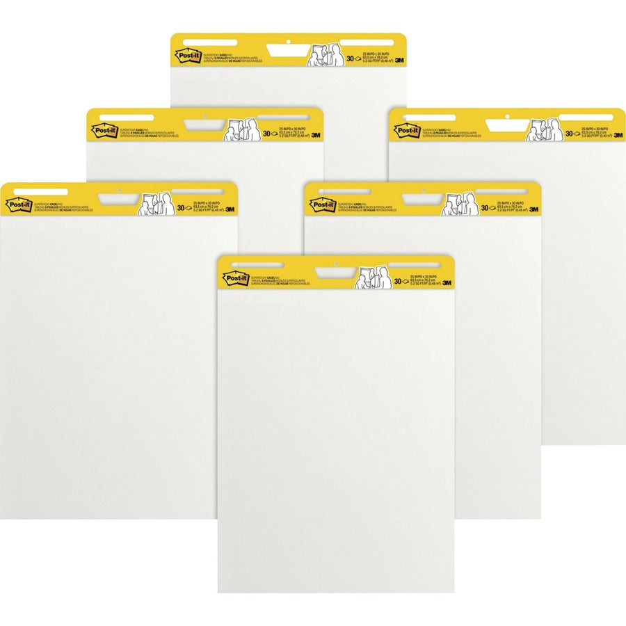 Post-it&reg, Self-Stick Easel Pad Value Pack - 30 Sheets - Plain - Stapled - 18.50 lb Basis Weight - 25" x 30" Sheet Size - White Paper - Cardboard Cover - Repositionable, Self-adhesive, Bleed-free, Back Board, Resist Bleed-through, Removable, Sturdy B...