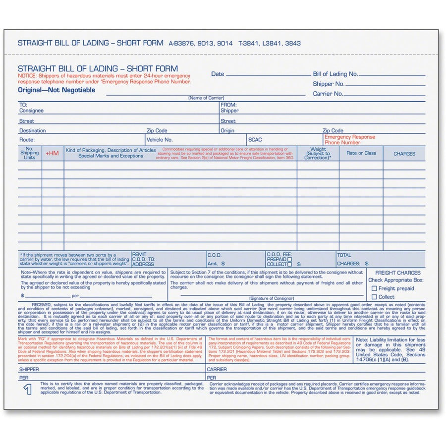 TOPS 3-part Hazardous Material Short Form - 3 Part - Carbonless Copy - 8.50" x 6.93" Form Size - 7.62" x 8.50" Sheet Size - White Sheet(s) - Blue Print Color - 250 / Box