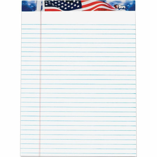 TOPS American Pride Writing Tablets - 50 Sheets - Strip - 0.34" Ruled - 16 lb Basis Weight - 8 1/2" x 11 3/4" Sheet Size - White Paper - Blue, Red, White Cover - Unpunched, Perforated - 12 / Pack