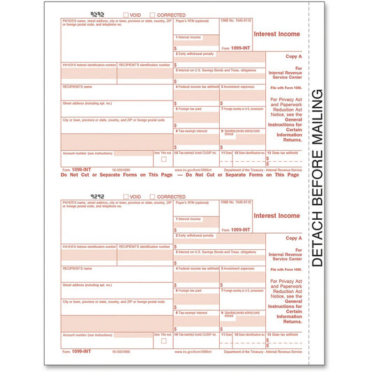 TOPS IRS Approved 4-part 1099-INT KIT Tax Forms - 5 Part - Carbonless Copy - 5.50" x 3.67" Form Size - 9" x 11" Sheet Size - White Sheet(s) - Red Print Color - 24 / Pack