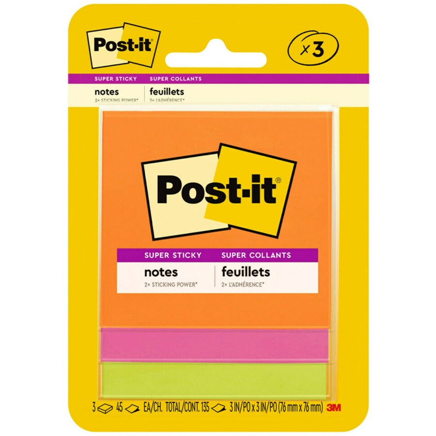 Post-it&reg, Super Sticky Note Pads - Energy Boost Color Collection - 135 - 3" Flag/Note Width x 3" Flag/Note Length - Square - 45 Sheets per Pad - Unruled - Vital Orange, Tropical Pink, Limeade - Paper - Self-adhesive - 1 Pack