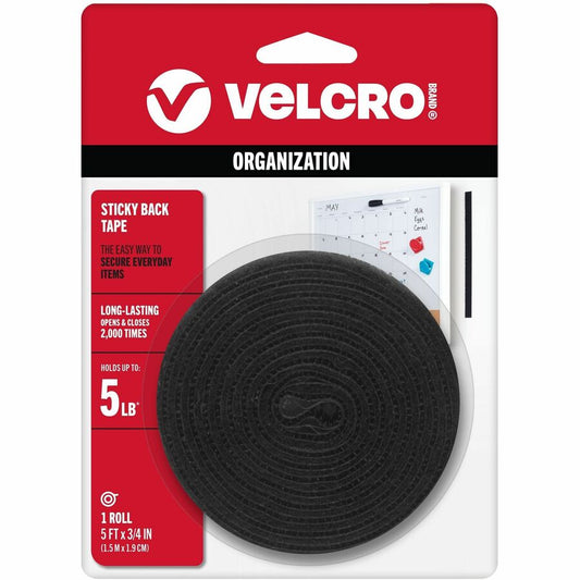 VELCRO&reg, Sticky Back 5ft x 3/4in Roll Black - 5 ft Length x 0.75" Width - Black - Dispenser Included - For Multipurpose, Indoor, Smooth Surface, Outdoor, Home, School, Office - 1 Each