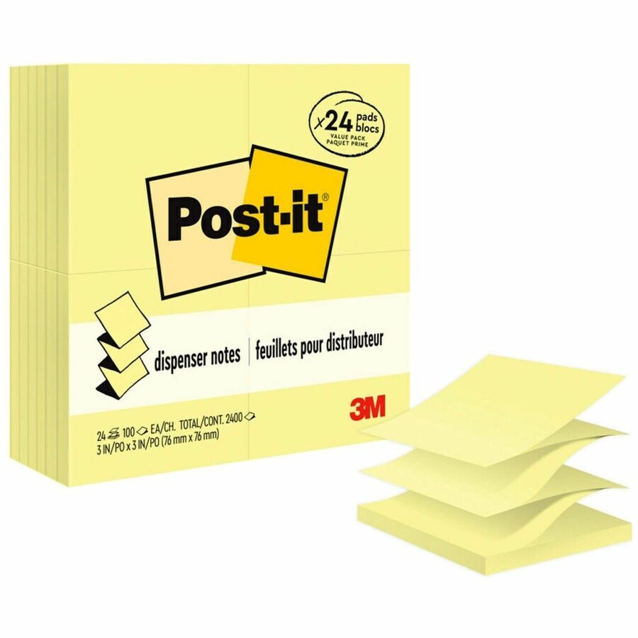 Post-it&reg, Dispenser Notes Value Pack - 2400 - 3" Flag/Note Width x 3" Flag/Note Length - Square - 100 Sheets per Pad - Unruled - Canary Yellow - Paper - Self-adhesive, Repositionable - 24 / Pack