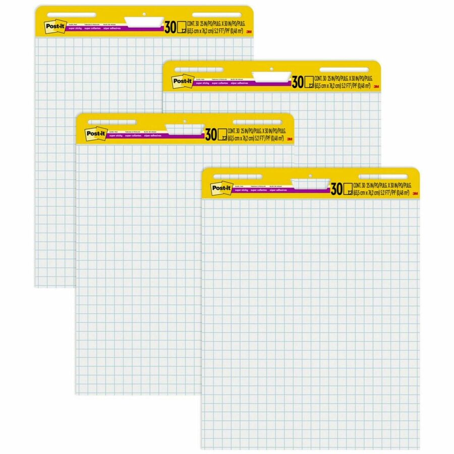 Post-it&reg, Self-Stick Easel Pad Value Pack with Faint Grid - 30 Sheets - Stapled - Feint Front Ruling - Blue Margin - 18.50 lb Basis Weight - 25" x 30" Sheet Size - White Paper - Cardboard Cover - Self-adhesive, Bleed-free, Perforated, Repositionable...