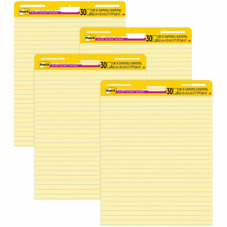 Post-it&reg, Super Sticky Easel Pad - 30 Sheets - Stapled - Feint Blue Margin - 18.50 lb Basis Weight - 25" x 30" Sheet Size - Canary Yellow Paper - Cardboard Cover - Self-adhesive, Bleed-free, Perforated, Repositionable, Resist Bleed-through, Removabl...