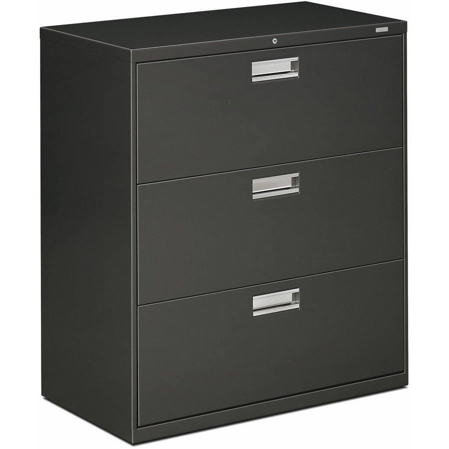 HON Brigade 600 H683 Lateral File - 40.9" Height x 36" Width x 18" Depth - Total Drawer(s): 3 - Finish: Charcoal - Lockable, Glide, Removable Lock, Heavy Duty, Interlocking - For File Storage, Workstation, Office, Desk - 1 Each