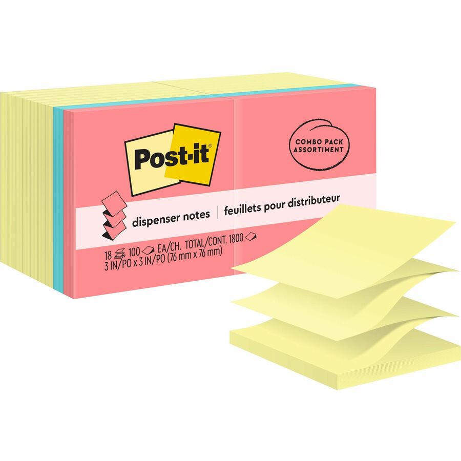 Post-it&reg, Dispenser Notes - Assorted Colors - 1800 - 3" Flag/Note Width x 3" Flag/Note Length - Square - 100 Sheets per Pad - Unruled - Pink, Blue, Yellow - Paper - Pop-up, Self-adhesive, Repositionable - 18 / Pack