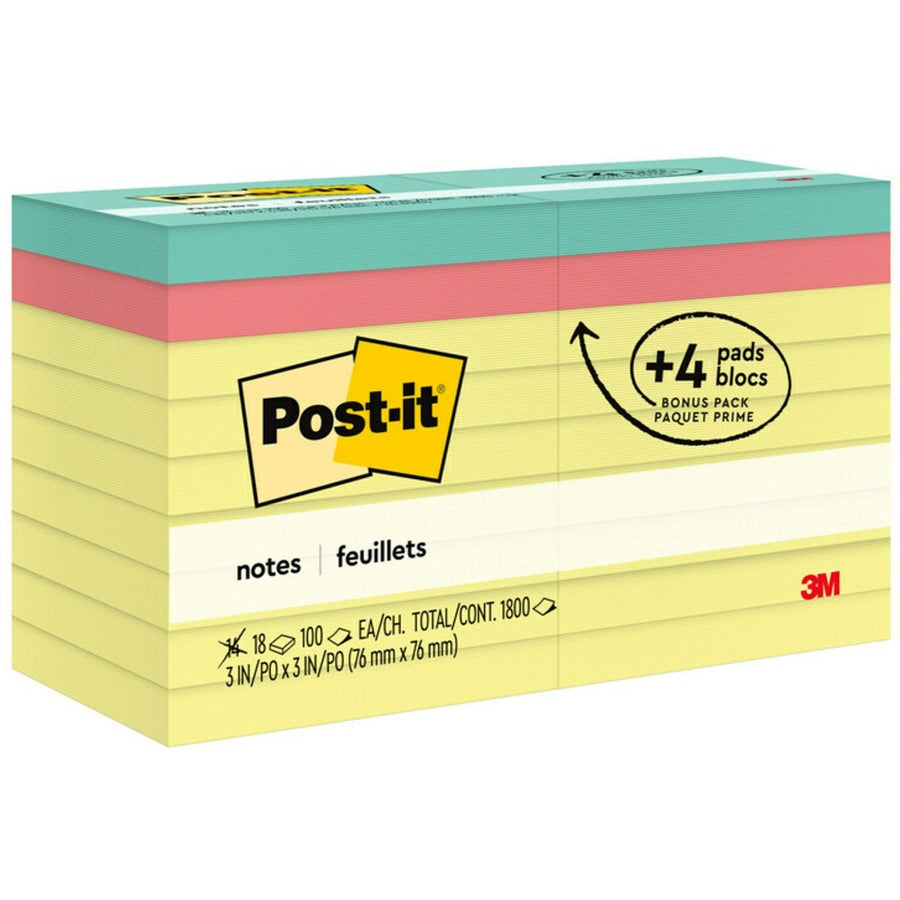 Post-it&reg, Notes Original Notepads - 1800 - 3" Flag/Note Width x 3" Flag/Note Length - Square - 100 Sheets per Pad - Unruled - Canary Yellow - Paper - Removable - 18 / Pack