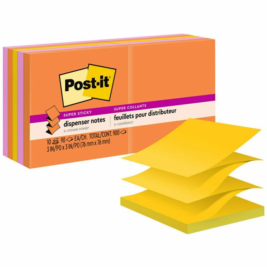 Post-it&reg, Super Sticky Dispenser Notes - Energy Boost Color Collection - 900 - 3" Flag/Note Width x 3" Flag/Note Length - Square - 90 Sheets per Pad - Unruled - Vital Orange, Tropical Pink, Sunnyside - Paper - Self-adhesive, Repositionable - 10 / Pack