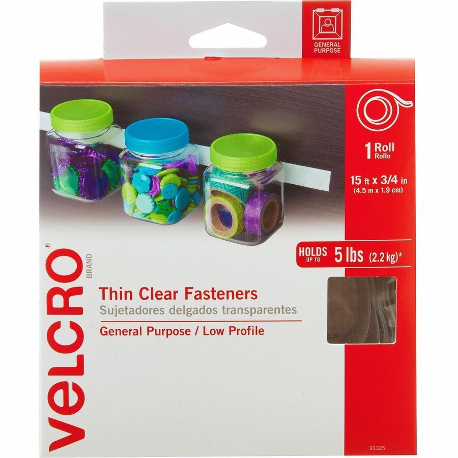 VELCRO, Thin Clear Fasteners 15ft x 3/4in Roll Clear - 5 ft Length x 0.75" Width - Clear - Water Resistant - For Indoor, Outdoor, Card, Crafting, Scrapbooking, Project, Glass, Plastic, Classroom, Office, Home, ... Roll - 1 Roll
