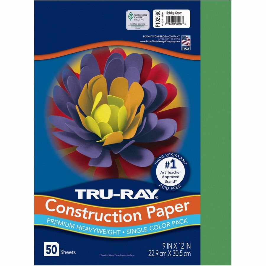 Tru-Ray Heavyweight Construction Paper - 12" Width x 9" Length - Holiday Green - Sulphite - 50 / Pack