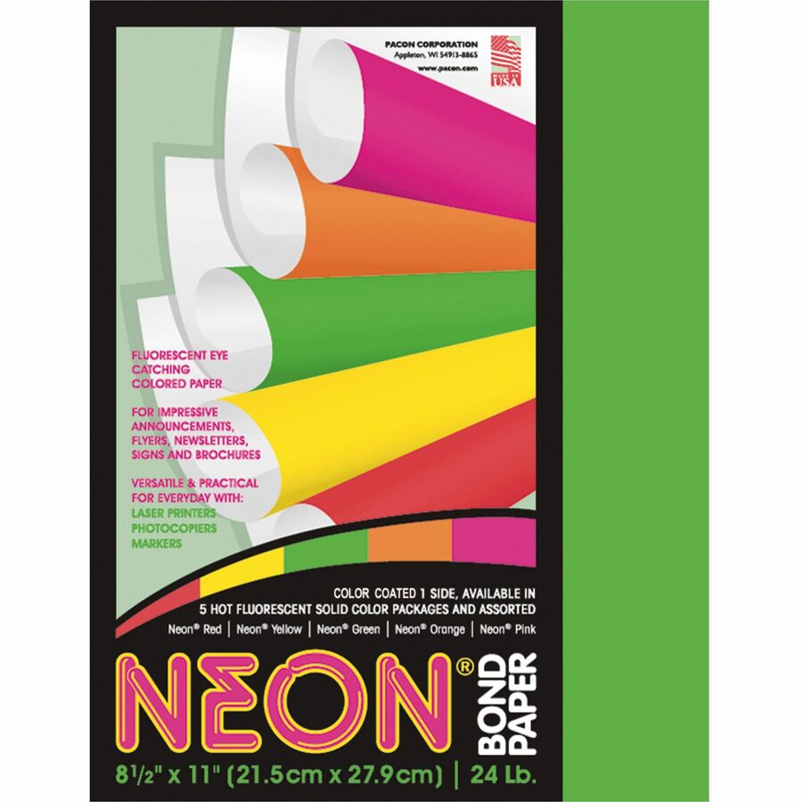 Pacon Neon Multipurpose Paper - Green - Letter - 8 1/2" x 11" - 24 lb Basis Weight - Sustainable Forestry Initiative (SFI) - Neon Green - 1 Pack