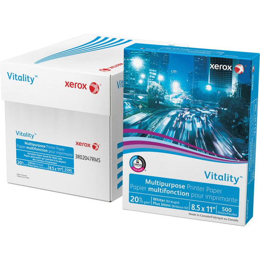Xerox Vitality Multipurpose Printer Paper - White - 92 Brightness - 90% Opacity - Letter - 8 1/2" x 11" - 20 lb Basis Weight - White - 500/Pack - 10 / Carton