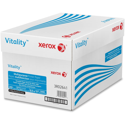 Xerox Vitality 3-Hole Punch Inkjet Multipurpose Printer Paper - White - 3-Hole Punched - 92 Brightness - 90% Opacity - Letter - 8 1/2" x 11" - 20 lb Basis Weight - White - 500 Sheets per Ream - 10 / Carton