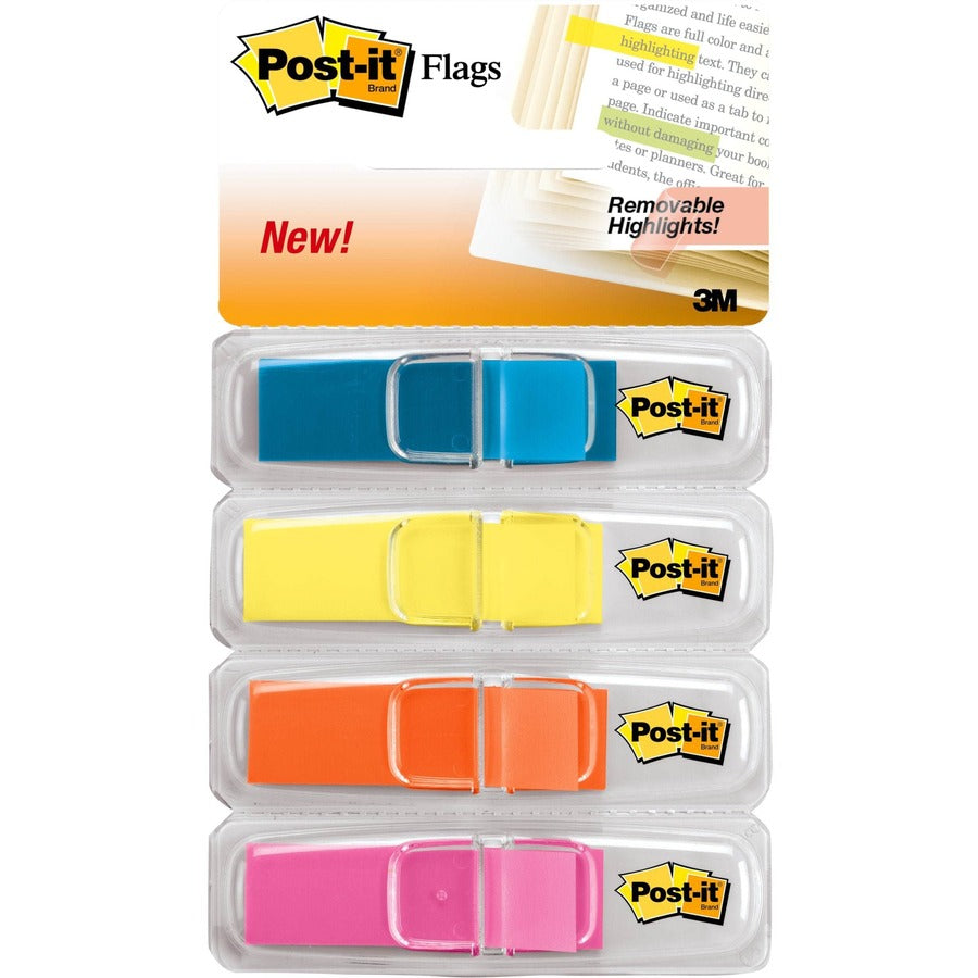 Post-it&reg, Flags - 1/2" Flag/Note Width x 1 3/4" Flag/Note Length - Rectangle - Unruled - Blue, Pink, Yellow, Orange - Removable, Self-adhesive, Residue-free, Repositionable - Dispenser Included - 4 / Pack