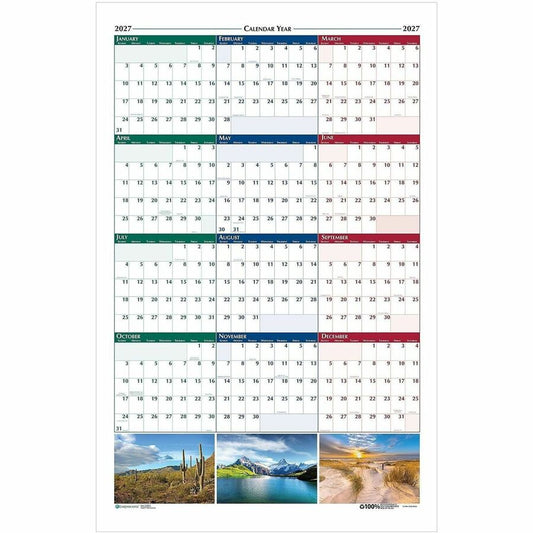 House of Doolittle Earthscapes Scenic Wipe-off Wall Planner - Julian Dates - Yearly - 1 Year - January 2027 to December 2027 - 32" x 48" Sheet Size - 1.13" x 1.38" Block - Multi - Paper - 1 Each