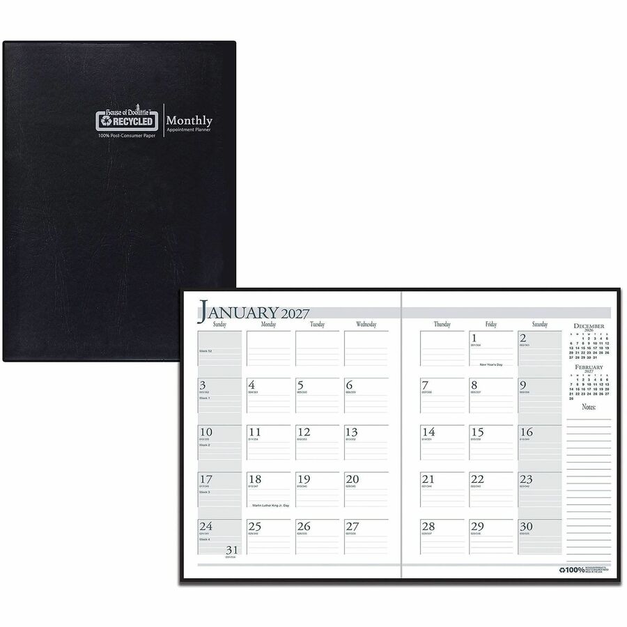 House of Doolittle Economy Stitched Cover Monthly Planner - Monthly - 14 Month - December 2026 to January 2028 - 1 Month Double Page Layout - 8 1/2" x 11" Sheet Size - 1.75" x 1.75" Block - Leatherette, Paper - Black Cover - 1 Each