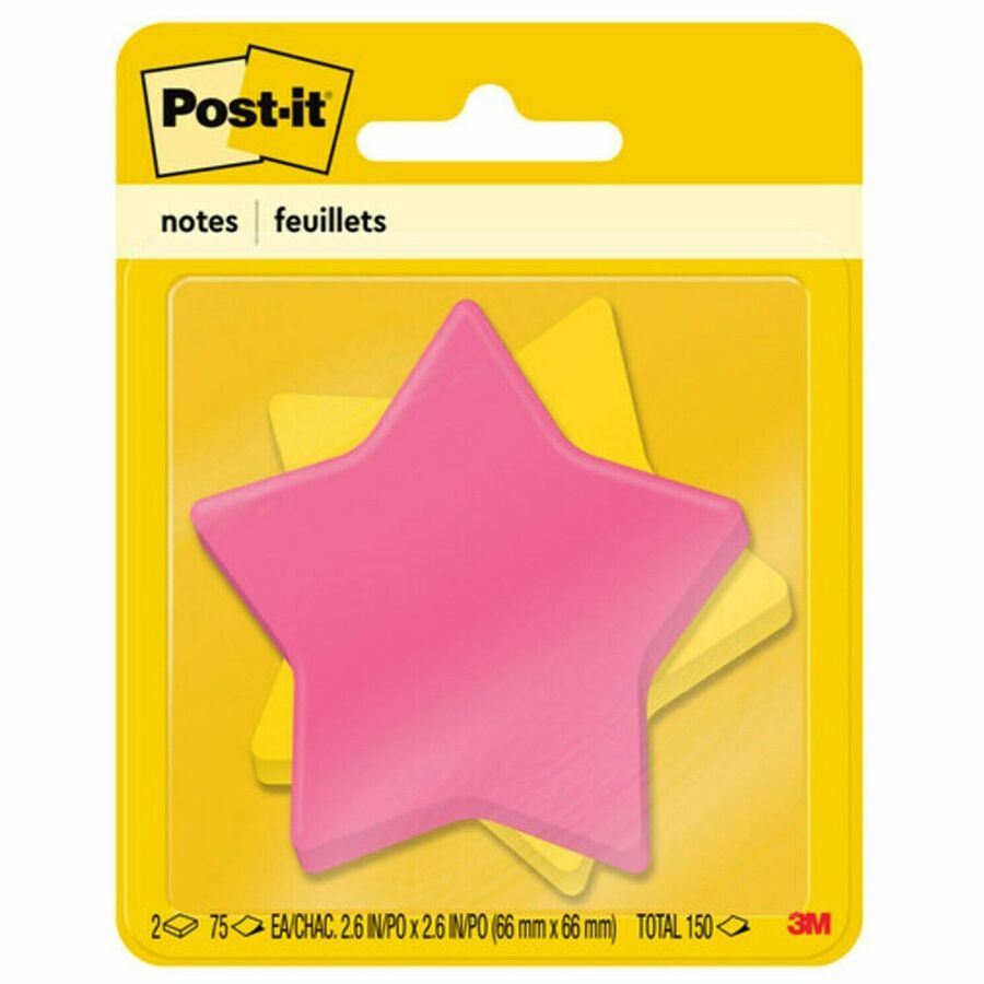 Post-it&reg, Super Sticky Die-Cut Notes - 150 - 3" Flag/Note Width x 3" Flag/Note Length - Star - 75 Sheets per Pad - Unruled - Yellow, Pink - Self-adhesive - 1 Pack