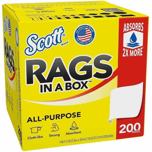 Scott Rags In A Box, - 12" Length x 9" Width - Soft, Strong, Lint-free, Absorbent - White - 1 Box