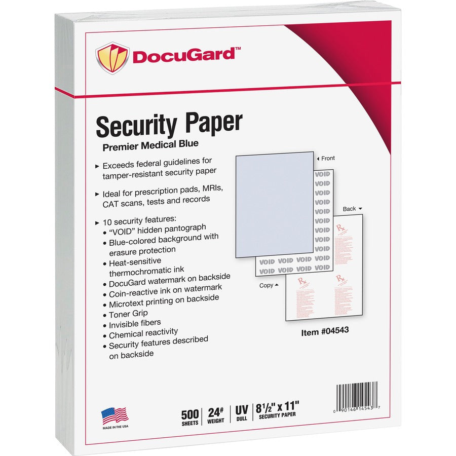 DocuGard Premier Medical Security Paper - Letter - 8 1/2" x 11" - 24 lb Basis Weight - Tamper Resistant, Watermarked, Chemical Reactive, CMS Approved - Blue - 1 Ream