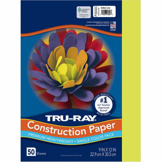Tru-Ray Construction Paper - Project, Bulletin Board - 12" Width x 9" Length - Brilliant Lime - Sulphite - 50 / Pack