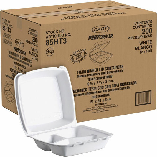 Dart 8-1/2" Triple-Compartment Foam Containers - White - Foam Body - 200 / Carton