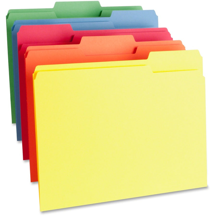 Business Source 1/3 Tab Cut Letter Recycled Top Tab File Folder - 8 1/2" x 11" - Top Tab Location - Assorted Tab Position - 11 pt. - 1 Plys - Assorted - 10% Recycled - 100 / Box