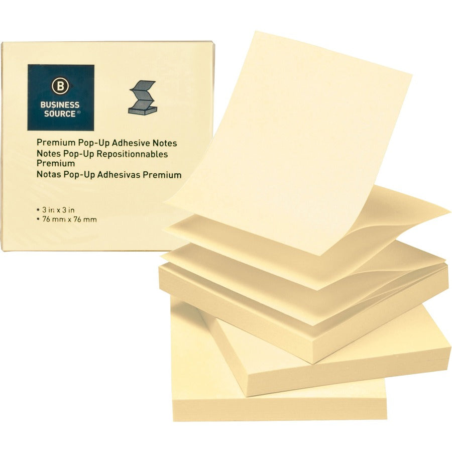 Business Source Reposition Pop-up Adhesive Notes - 3" Flag/Note Width x 3" Flag/Note Length - Square - Yellow - Removable, Repositionable, Solvent-free Adhesive, Fanfold, Pop-up - 24 / Pack